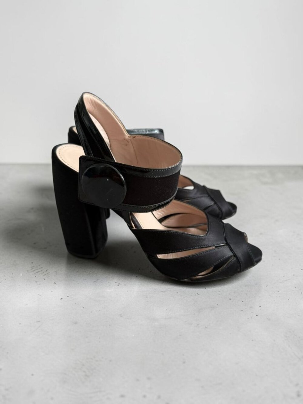 MIU MIU Black Mod Button Satin Heels Sandal Size 37.5 / 7.5